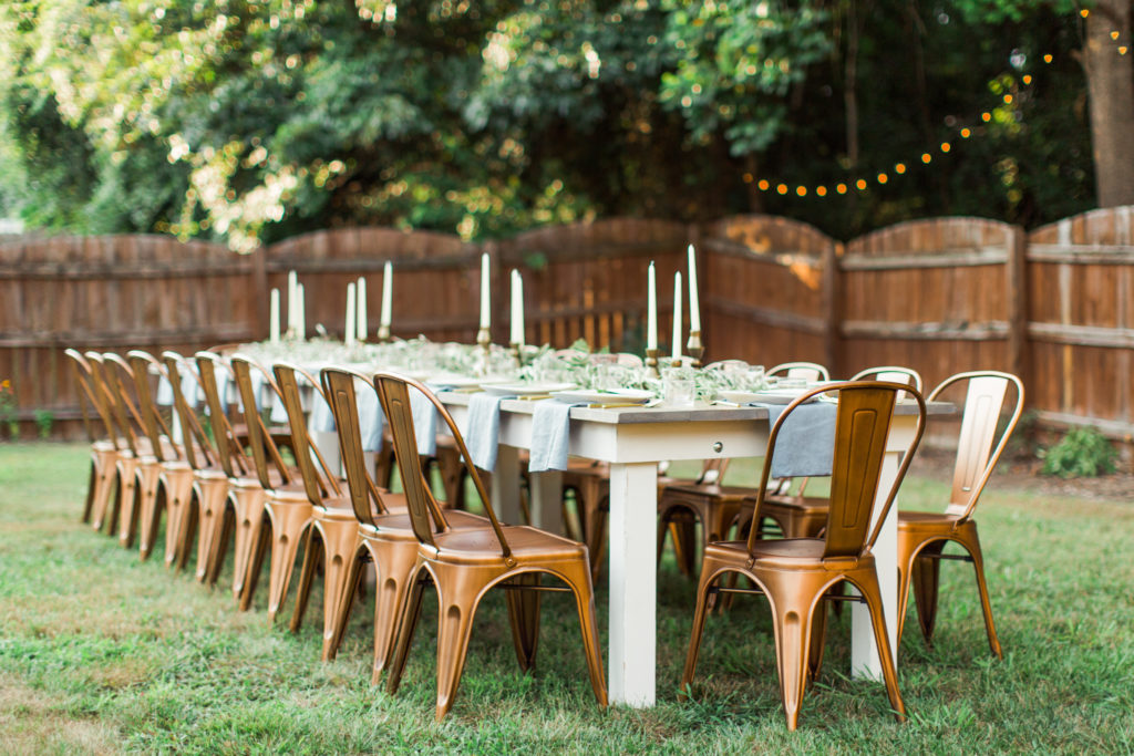Cottage Luxe Event Rentals Raleigh Signature Farm Table with Durham Copper Chairs