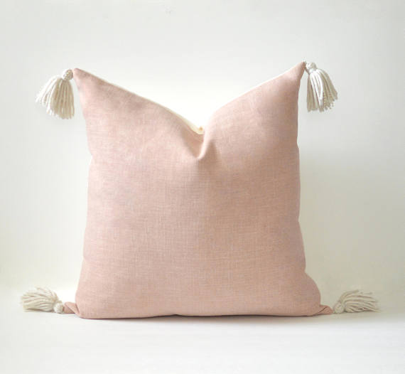 Pillows + Throws + Rugs, Blush Linen Tassel Pillow